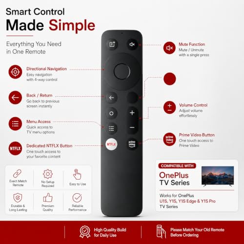 Image of K2 Remote Compatible for OnePlus Smart TV - Replacement for U1S, Y1S, Y1S Edge & Y1S Pro 4K UHD Android TVs | Non Voice Control | 1 Year Warranty | Exact Match Required