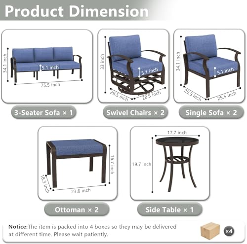 Image of Patio Furniture Set 9-Seat Aluminum Armrest Sofa, Aluminum Outdoor Furniture with 2 Swivel Chairs, 5 inch Cushions, Outdoor Sectional with High Backrest & 2 Footstools for Backyard, Poolside - Blue