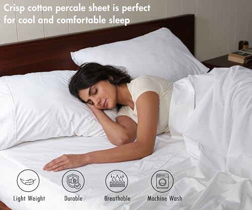 Image of RUVANTI 100% Cotton Percale Sheets Twin - Crisp Cooling Summer Bed Sheets for Hot Sleepers, Deep Pocket 14 inch, Soft Peach Finish, Breathable & Durable Hotel-Style 3 Piece Set, Bright White