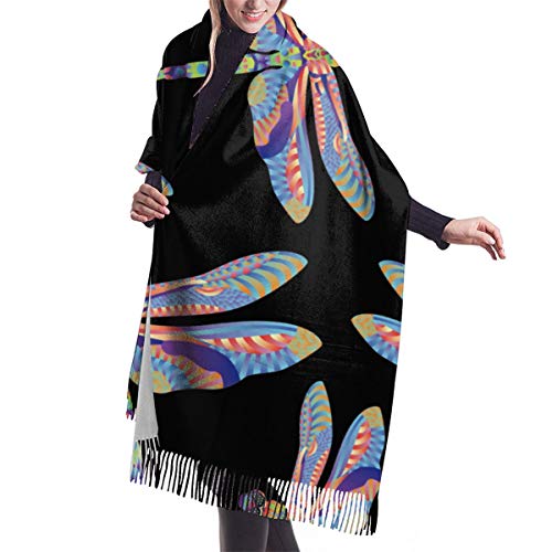Perfect Gift - Women Girls Super Soft Colorful DragonFly Pashmina Scarf With Tassel Luxury Cashmere Blend Shawl Wrap Over Size Blanket Scarf For Party Wedding Travel