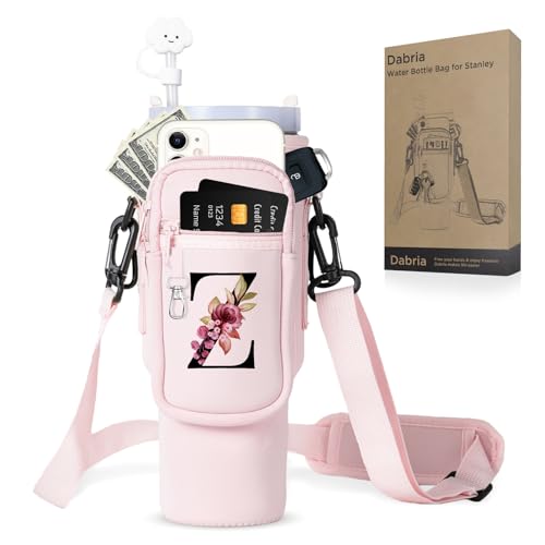 dabria Initial A-Z Water Bottle Bag with Phone Pocket for Stanley 40 oz Tumbler Neoprene Water Bottle Holder Pouch with Adjustable Strap Bollus with Straw Cover & Carabiner for Stanley Cup Accessories