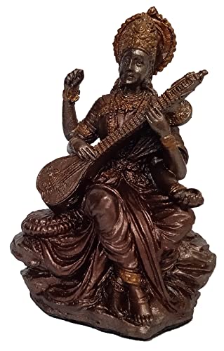 Purpledip Resin Idol Saraswathi, Goddess Of Knowledge Music Arts: Collectible Bronze Finish Statue for Home Temple 3 Inches (12562) - Image 3
