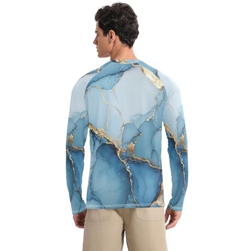 Marble Blue White Men's UPF 50+ Slim fit Round Neck UV Protection Long Sleeve Hiking2