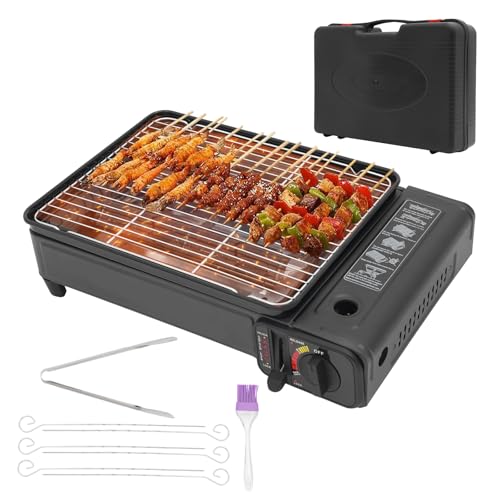Barbacoa de gas para camping, 2200 W, juego de barbacoa portátil, parrilla de mesa con 6 agujas, 2 redes y maletín, hornillo de camping con encendido piezoeléctrico y bandeja de goteo extraíble, para
