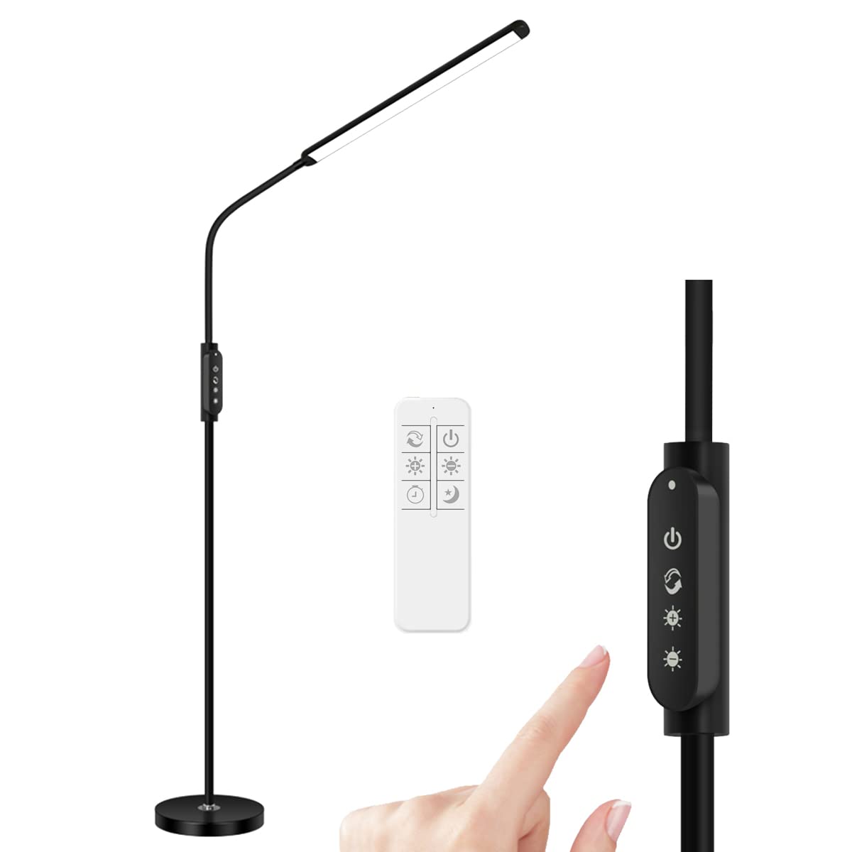 ACMHNC LED Stehleuchte Dimmbar Mit Fernbedienung, 18W LED Wohnzimmer Stehlampe Touch Leselampe für Schlafzimmer Studie Büro,Schwanenhals Standlampe Schwarz, Timer-Funktion, 1400LM, Kein Flimmern