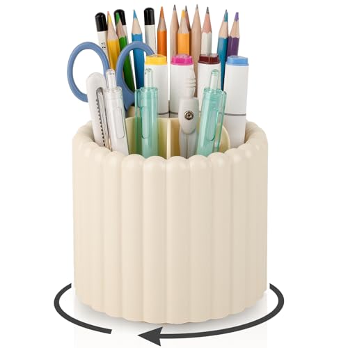 Image of Anyoifax 360 Rotating Pen Holder 7 Slots Desk Organizer Removable Pencil Cup Plastic Art Supplies and Accessories Desktop Storage Box Caddy for Office, School, Home (Beige)