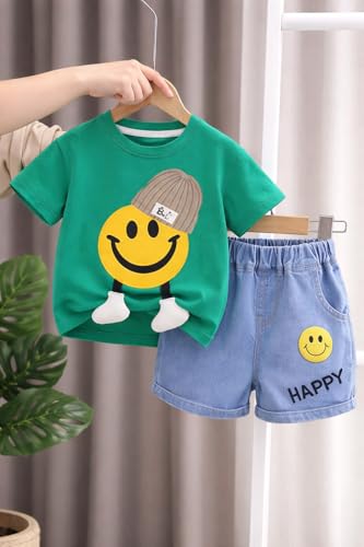 Image of Bold N Elegant Half Sleeve Pure Cotton Baby Boy Girl 3D Cartoon Smiley Animals T-Shirt with Denim Shorts Smart Casual Outfit for Infant Toddler Kids Upto 5 Years