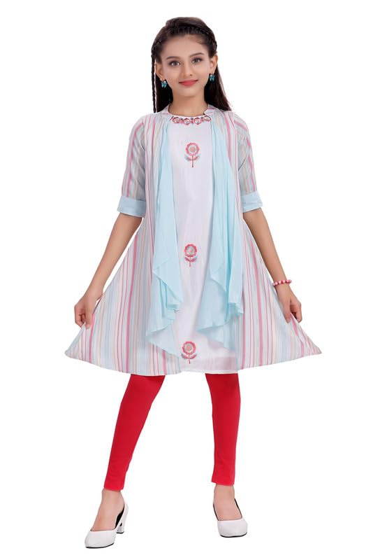 MASTARANG | Yoke Embroidery Style Kurti with Mock Jacket & Legging Dress for Girls - 3/4th Sleeves –Rayon- Ethnic Wear for Festival Blue (4-5 Years) Deal