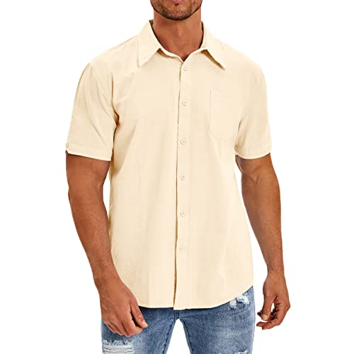 Oyamiki Mens Short Sleeve Regular-Fit Shirt Fishing Tees Linen Casual Button-Down Shirts3