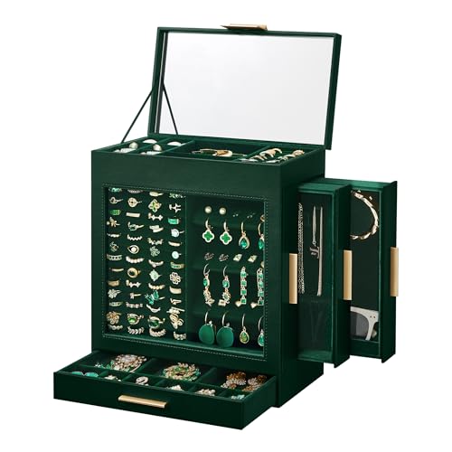 SONGMICS Jewelry Box with Glass Window, 5-Layer Jewelry Organizer with 3 Side Drawers, Jewelry Storage, with Big Mirror, Modern, 6.1 x 10.3 x 12.6 Inches, Forest Green and Metallic Gold UJBC