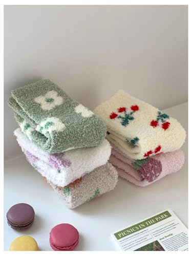 Image of WDIRARA Women's 5 Pairs Cherry Fruit Fuzzy Socks Winter Warm Slipper Socks Cozy Home Sleeping Socks