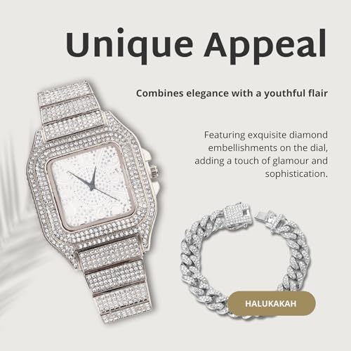 Image of Halukakah Diamonds Watch Iced Out for Boy Teens Kids - 18K Real Gold /Platinum Plated,Arabic Numerals Square Dial,Japanese Quartz - 7.3 inch Length - Optional with Cuban Link Chain - for Birthday,Parties