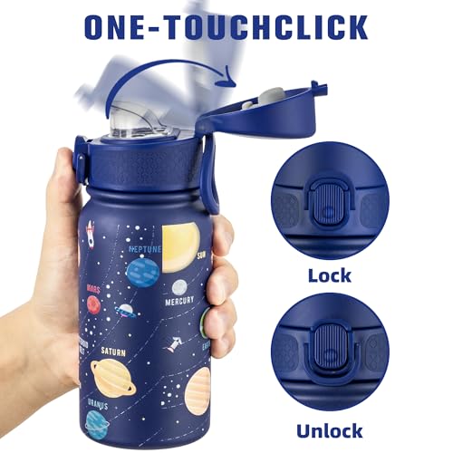 Image of GOPPUS Kids 12oz Insulated Stainless Steel Water Bottle, Leakproof Vacuum Tumbler with Carry Handle, Fits Cup Holders, Reusable Water Bottle for School Outdoor, Boys & Girls（Blue Starry Sky）