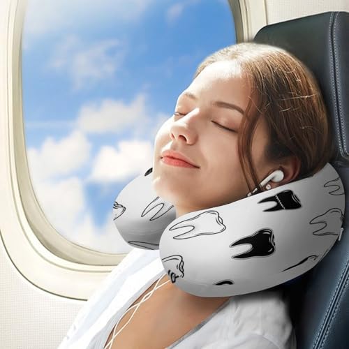 Image of Pain Relief Travel Neck Pillow Dentistry Teeth Pattern White, Memory Foam U Shaped Support, Breathable Zip Cover for Airplane Car Office Men Women