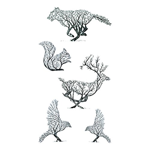 Set of 5 Waterproof Temporary Fake Tattoo Stickers Unique Creative Grey Birds Elk Squirrel Design Body Art Make Up Tools