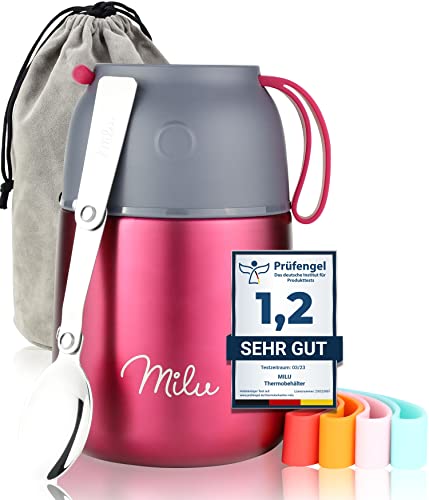 Image of Milu Thermal Container for Food 450 ml, Stainless Steel Warming Container with Spoon, Thermal Mug Food, Thermal Lunch Box for Children, Adults, Thermobox Soups, Baby Porridge, Food Container Berry
