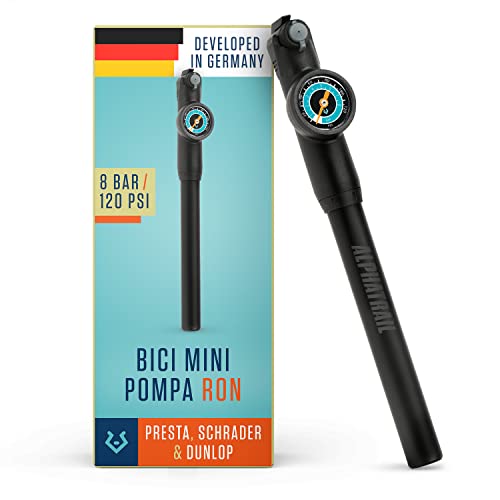Alphatrail Minipompa Ron - Per tutte le valvole 8,3 Bar / 120 PSI pressione massima I manometro grande (Ø32mm) I Tubo flessibile estensibile da 15 cm I pompa bicicletta per presta, schrader & dunlop
