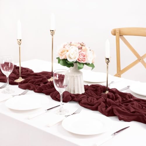 Image of MLMC 3 Pack Burgundy Red Table Runner 10ft Rustic Gauze Wine Red Cheese Cloth Table Runner Cheesecloth Centerpiece for Wedding Holiday Anniversary Events Decor