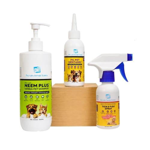Image of PIL Complete Pet Hygiene Kit for Dogs & Cats | Neem Plus Herbal Pet Shampoo 200ml + Tick & Flea Spray 100ml + Dentagel Oral Care Gel 100ml | Grooming, Dental Hygiene & Tick Protection Kit