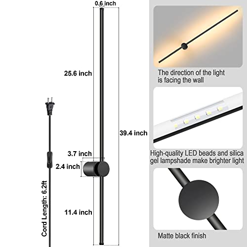 Image of GOODATE Wall Sconces Set of Two with Remote, Stepless Colors 3000K-6500K & Stepless Dimming, Hardwire or Plug-in, 180 Rotate, LED Black Plug in Wall Sconces with Timer & Night Light, 39.4 Inches