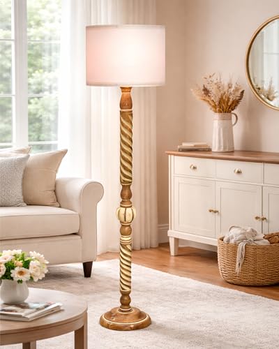 Image of Homesake Rustic Wood Floor Lamp for Living Room Walnut Brown with Shade | Light Decoration for Home Corner Lamp for Living Room | Antique Floor Light Twisted Ropes, KD Off-White Drum