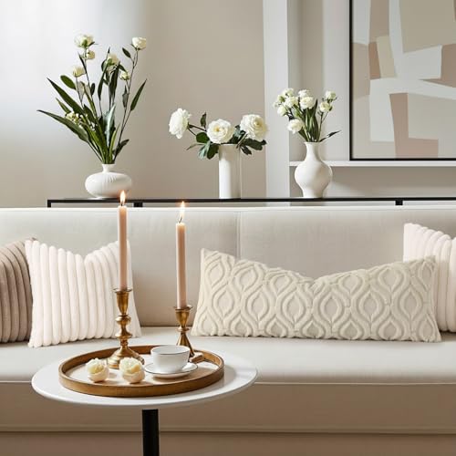 Image of decorUhome Fall Lumbar Pillow Cover 14x36 Inch, Ultra Soft Plush Decorative Faux Fur Beige Solid Couch Pillow Cover, Accent Farmhouse Neutral Rectangular Pillow Case for Sofa Bed Living Room