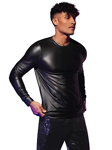 WDIRARA Men's Round Neck Long Sleeve PU Leather Sweatshirt Party Club Pullovers