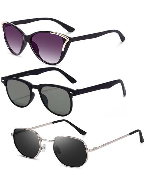 Y&S Unisex Goggle Combo| Combo Offer Pack of Branded Latest Stylish| Black Cateye Black Round, Hexagonal for Men and Women with Box|3-1258