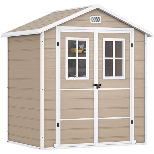 DWVO Gerätehaus Kunststoff 203x147x207 cm, Gartenschuppen mit Doppelwand & Fenstern, Wetterfester Aufbewahrungsschuppen für Rasenmäher,...