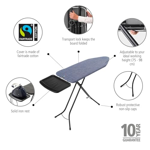 Image of Brabantia XL Comfort Ironing Board with Solid Steam Generator Rest | Large (Size C) | Fairtrade Denim Blue Cover | Adjustable Height (27-38 inch), XL Rest, Easy Fold, Anti-Collapse Lock, Non-Slip Feet