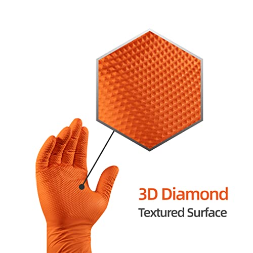 10mil Nitrile-Gloves Disposable-Orange Chemical-Resistant Rubber - Mechanic Gloves Heavy Duty, Latex Free, Diamond Grip (500, X-Large)