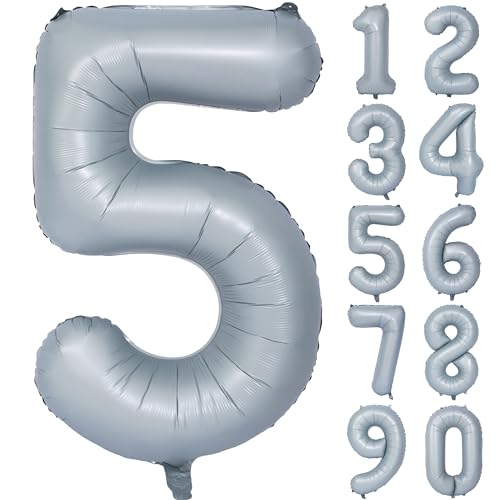 Image of 40 In Matte Gray Birthday Number Balloons 5 Helium Foil Mylar Balloon