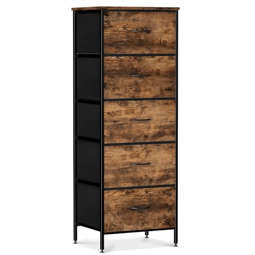 El Mejor Listado de Cajonero - solo los mejores. 43 FURRIFIC Cómoda Gran Capacidad de 5 Cajones,115 * 40 * 29cm,Cajonera para Recamara,Ropa,Hogar Y Oficina,Organizador Cajonera de Estructura Metal con Cajones de Tela,Marrón
