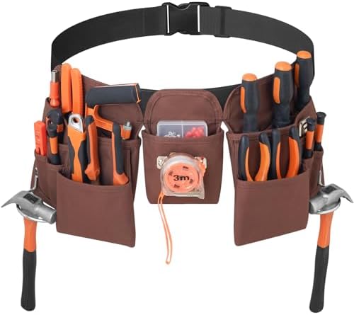 Gifts for Men,19 Pocket Tool Belts with Quick Release Buckle- Heavy Duty Detachable & Adjustable Utility Belt,Work Apron for Men and Women,for Electrician,Carpenter,Construction Tool Belt (Brown)