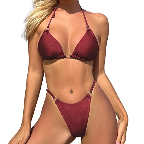 Image of MIKETAI Sexy Bikinis for Women 2 Piece Bikini Spaghetti Strap Swimsuits Solid Color Bathing Swimwear Triangle Bathing Suit