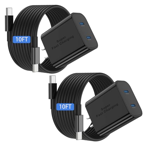 Dual Port 45W Super Fast Charger and Long USB C to C Cable 10ft, Type C Wall Block/Android Phone Charging Cord for Samsung Galaxy S25/S24 Ultra/S23+/S22 Plus/S21/S20/Note 20/10/iPhone 17 16 15 Pro Max