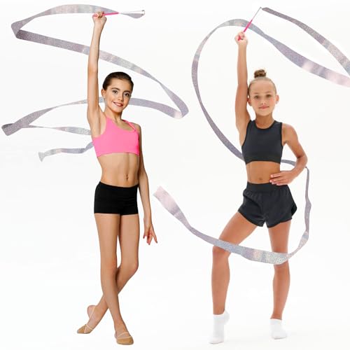 image for HiUnicorn 2PCS Sparkly Silver Dance Ribbons for Kids Party Favor, 6.6 
