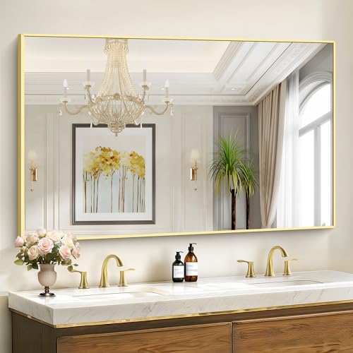 Image of COFENY Gold Bathroom Mirror for Wall, 60x36 Inch Rectangle Mirrors with Metal Frame, Modern Vanity Wall Mirror Decor for Bathroom Living Room, Entryway Hangs Horizontal or Vertical