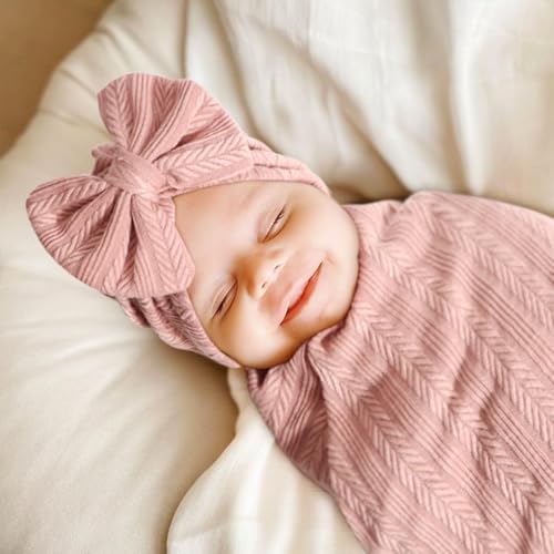 Image of AQOKKA Newborn Receiving Blanket with Bow Hat Headband Set Wheat-Pattern Newborns Toddler Baby Boy Girl Nursery Swaddle Wrap