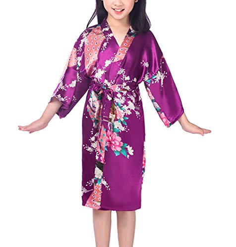 Lovacely Girls Satin Floral Kimono Robe Peacock Flower Sleepwear Bathrobe Nightgown for Spa Wedding Birthday Party Deep Purple-4