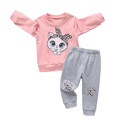 Derouetkia Kleinkind Baby Mädchen Sweatshirt niedliche Katze Druck + Hosen für kleine Mädchen Outfit Set, Rosa, 3-4 Jahre