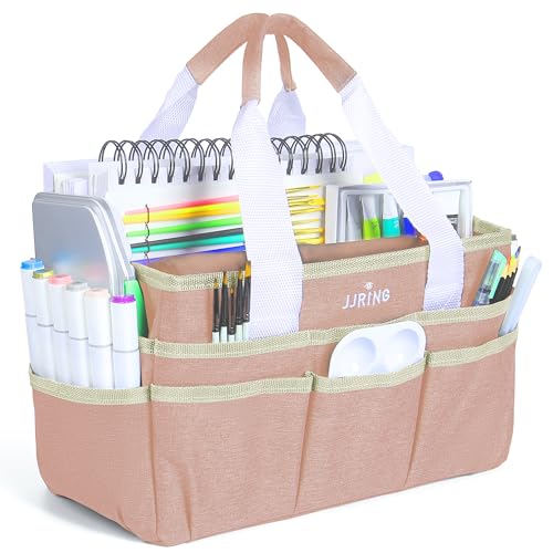 Image of JJRING Craft Organizer Tote Bag, Art Storage Caddy with Multiple Pockets, Beige Sewing Bag for Art, Craft, Scrapbooking, School, Medical, and Office Supplies Storage