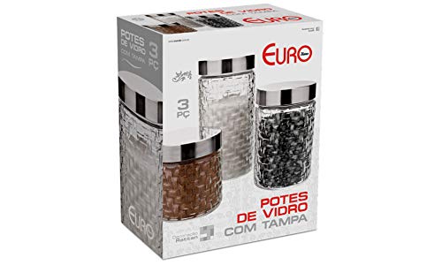 Conjunto de Potes de Vidro com Tampa Inox Rattan 3 Peças Euro Transparente