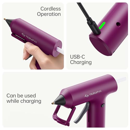 Image of Tilswall Cordless Hot Glue Gun, Fast Preheating, Glue Gun and Sticks Set with 2Ah USB-C Rechargeable, 20 Premium Glue Sticks, High Temp Compact Size Ideal for Crafts, DIY Making, Grayish Purple