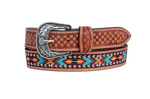 Western Leather Beaded Belt Tooled Leather Beaded Belt For Men and Women 30AB0092