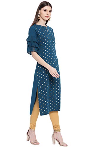 Image of Janasya Women's Teal Poly Crepe Gold Print Straight Kurta