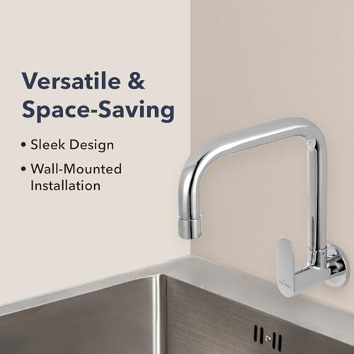 Image of Benelave by Hindware Sink Tap with Raised J-Spout for Kitchen | Made of Brass | Mirror-Like Chrome Polish Finish | Better Reach | Wall Mount Installation | Volga Range | 7-Year Manufacturer Warranty