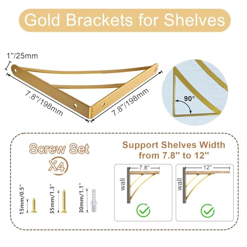 Soportes de estante dorados de 200 mm con diseño triangular moderno para pared pack de 2 4