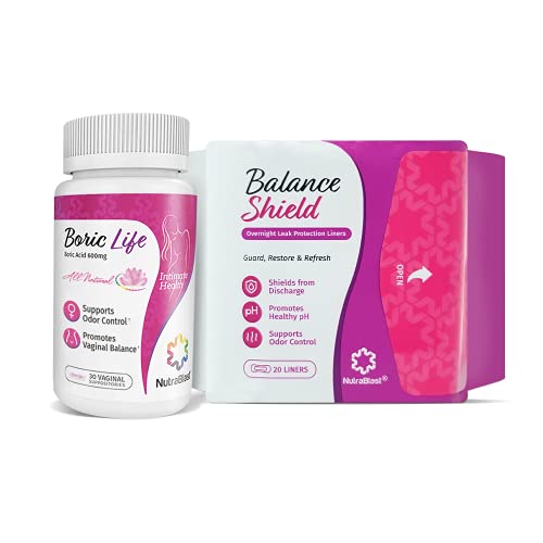 NutraBlast Boric Acid Suppositories 600mg (30 Count) w/ Balance Shield Panty Liners (180mm, 20-Pack) | Discharge & Odor-Proof Layers | Charcoal-Infused Bamboo pH Balancing Core