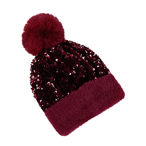 BCDlily Women Warm Pom Pom Beanie Hat Winter Ski Hats Stylish Sequins Skullies Caps (Red)